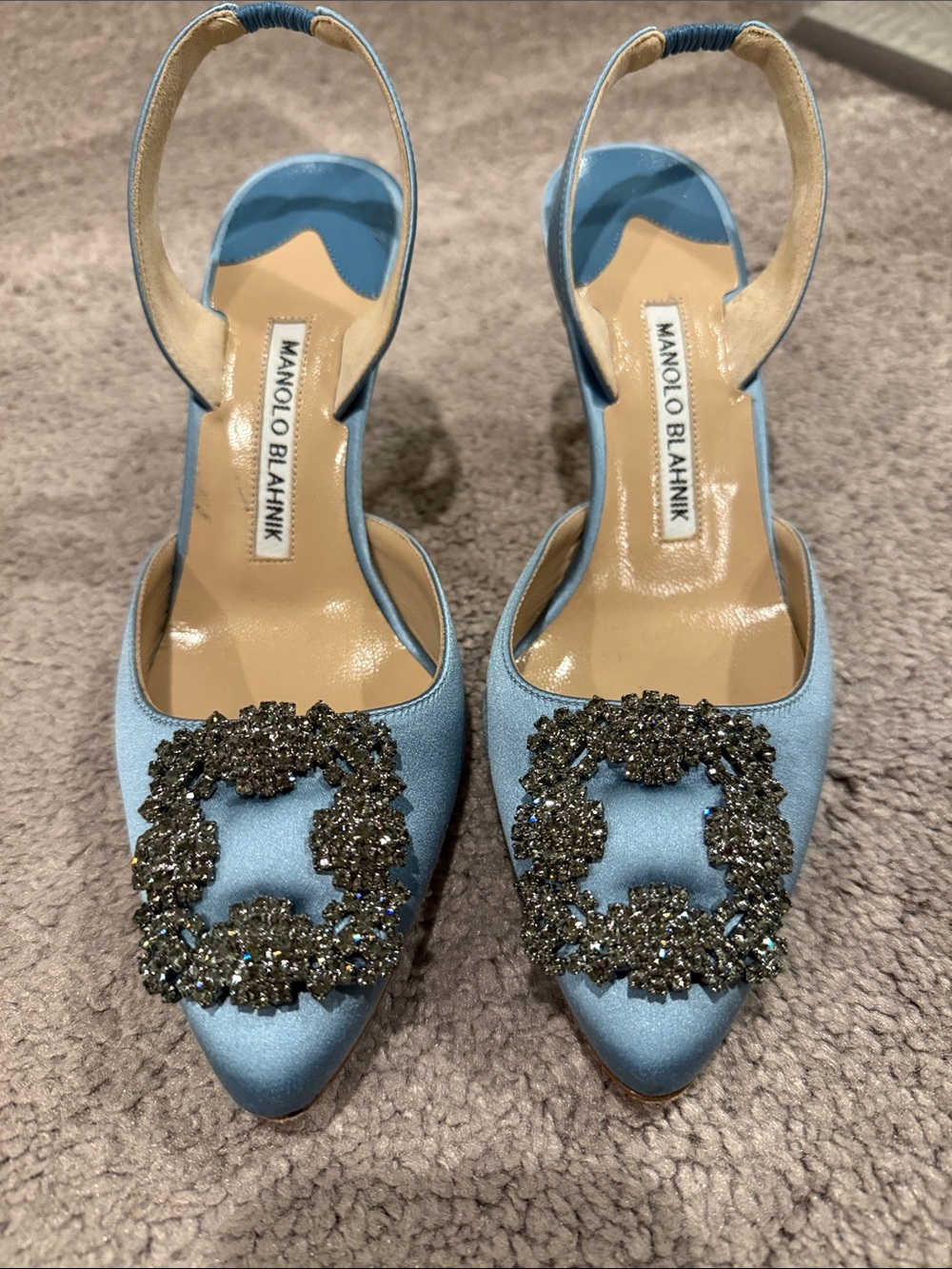 Manolo Blahnik Sky Blue Satin Crystal-Embellished Slingback Pumps